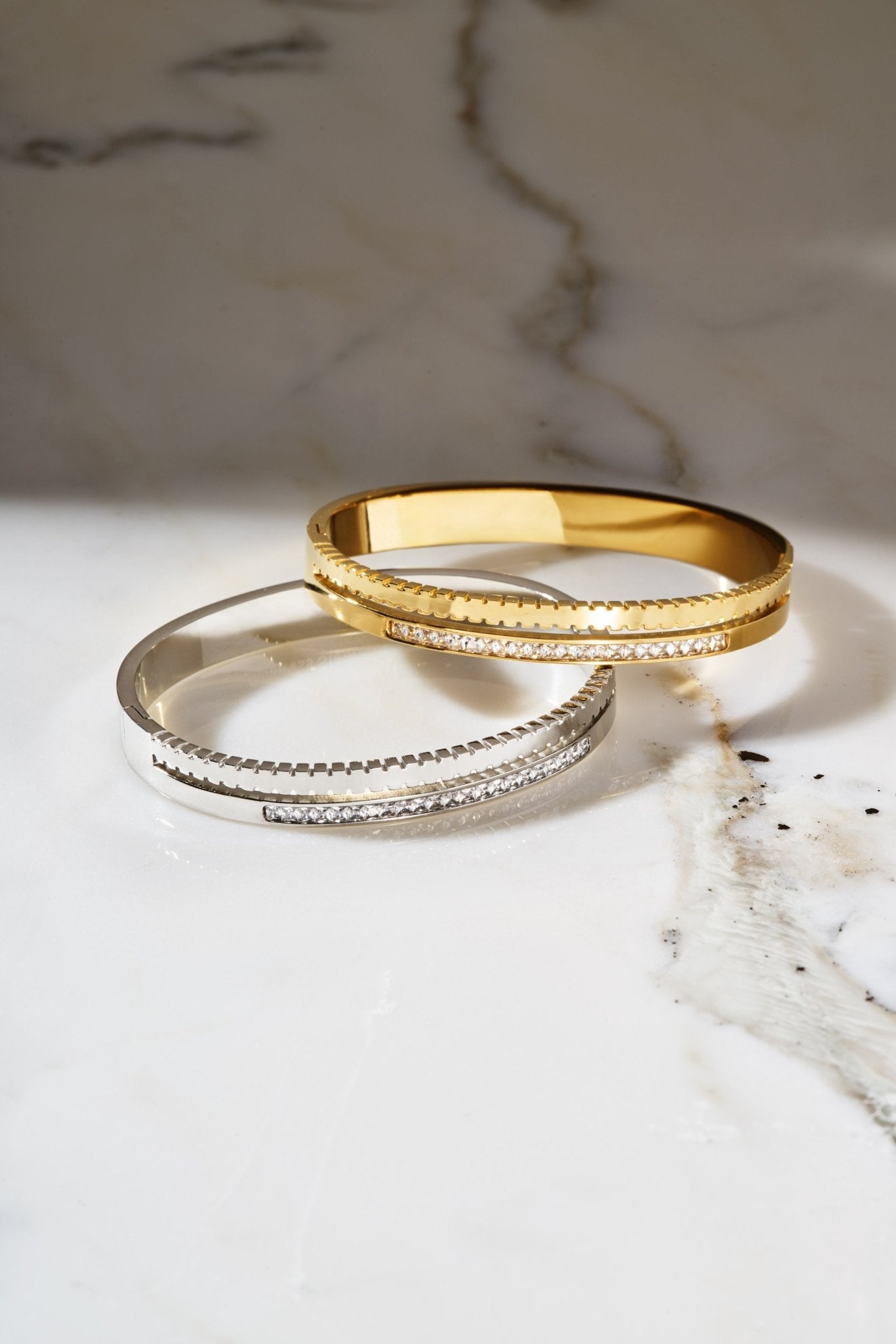 DUAL RADIANCE BANGLE best gold plated tarnish and water resistant piece by Irish Jewellery brand - Lynott Jewellery