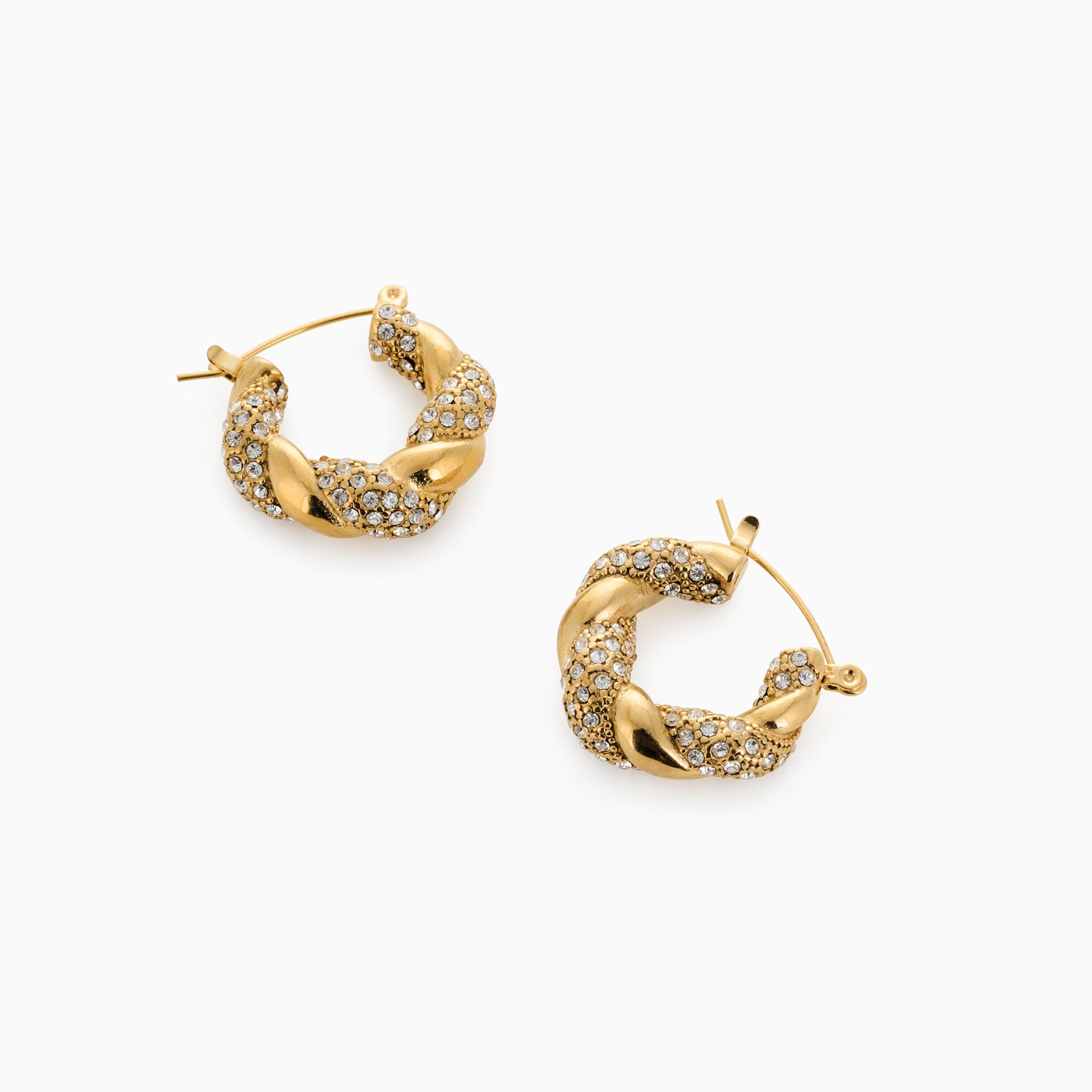 TWISTED SPARKLE HOOPS best gold plated tarnish and water resistant piece by Irish Jewellery brand - Lynott Jewellery