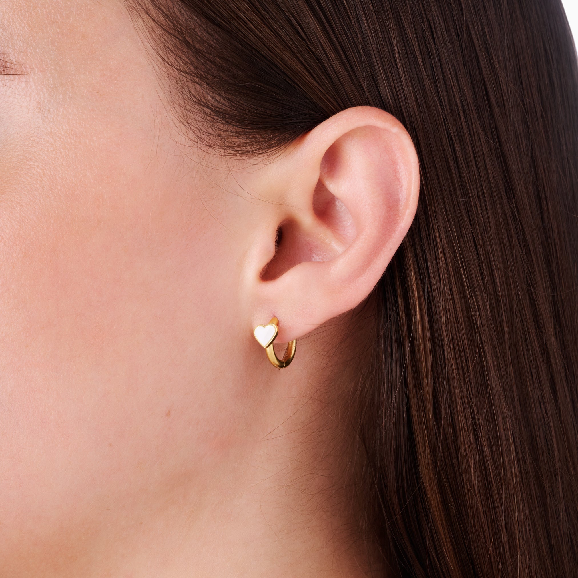 MOTHER OF PEARL HEART HUGGIES best gold plated tarnish and water resistant piece by Irish Jewellery brand - Lynott Jewellery