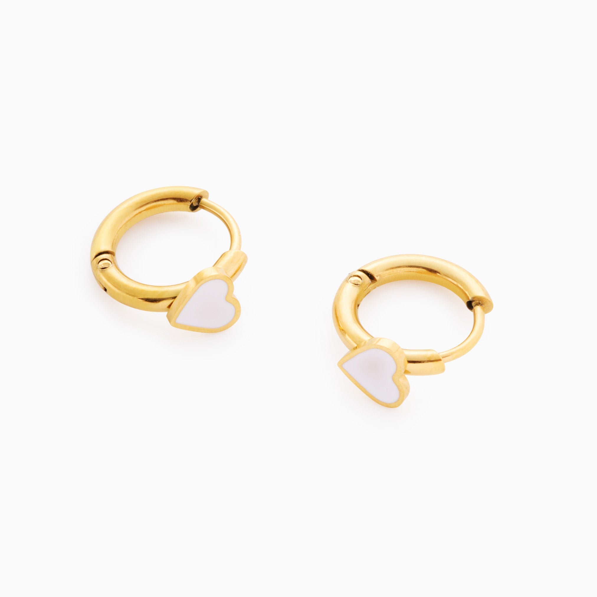 MOTHER OF PEARL HEART HUGGIES best gold plated tarnish and water resistant piece by Irish Jewellery brand - Lynott Jewellery