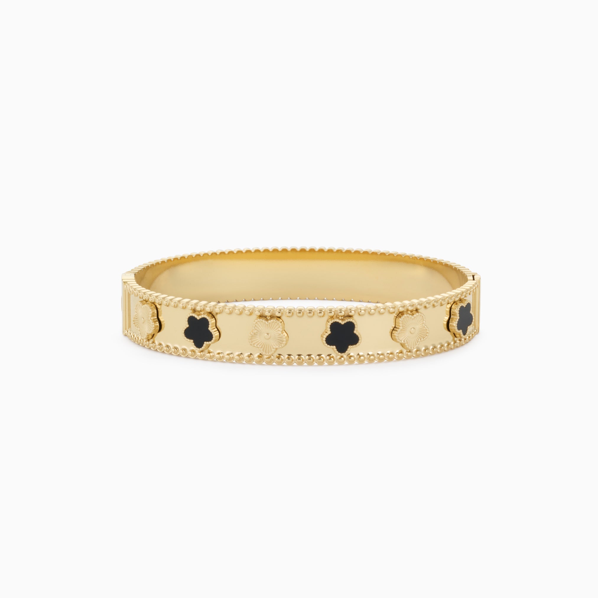 CLOVER CHARM BLACK BANGLE best gold plated tarnish and water resistant piece by Irish Jewellery brand - Lynott Jewellery