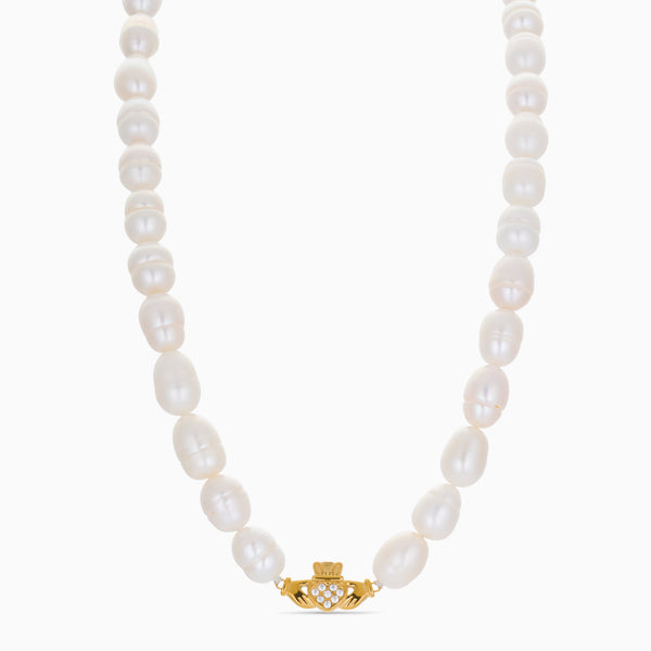 HEART CROWN PEARL CLADDAGH NECKLACE