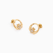 RÍONA CLADDAGH MINI HOOP STUDS best gold plated tarnish and water resistant piece by Irish Jewellery brand - Lynott Jewellery