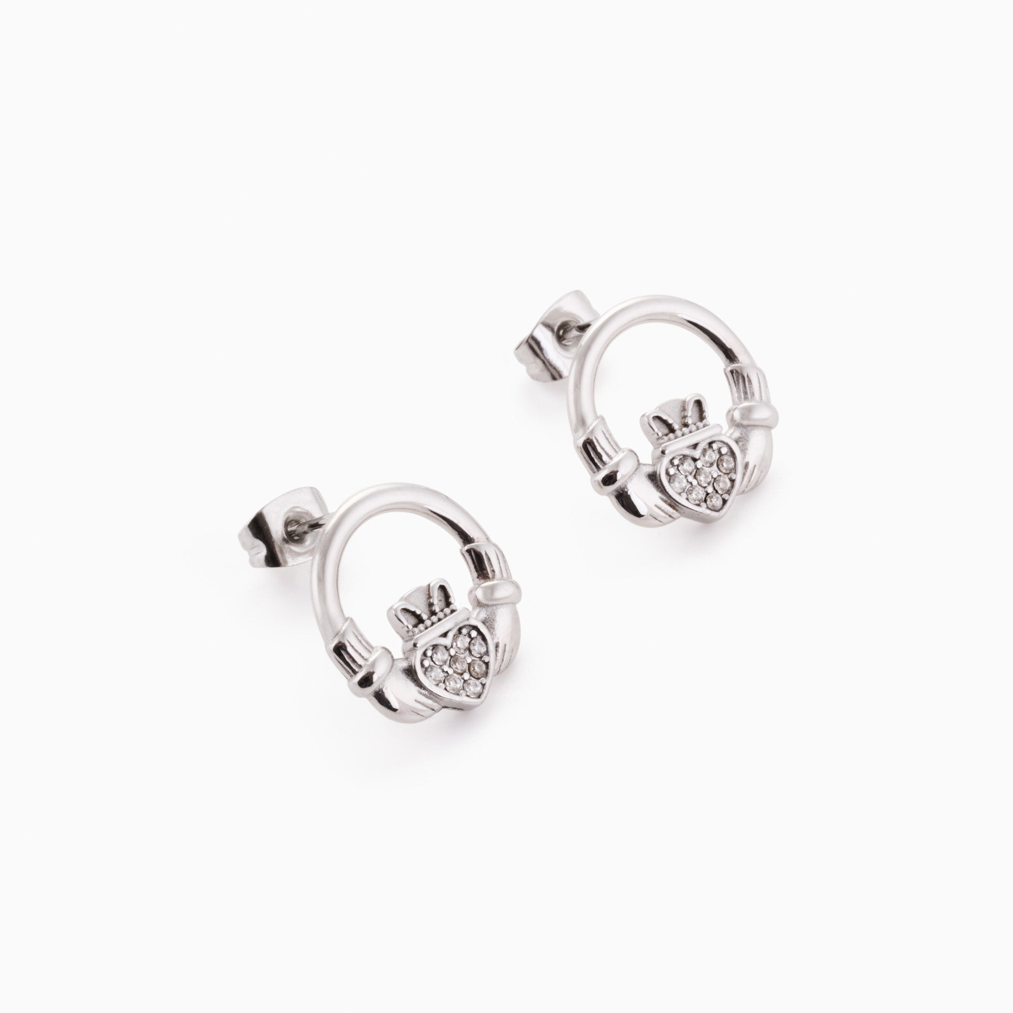 RÍONA CLADDAGH MINI HOOP STUDS best gold plated tarnish and water resistant piece by Irish Jewellery brand - Lynott Jewellery