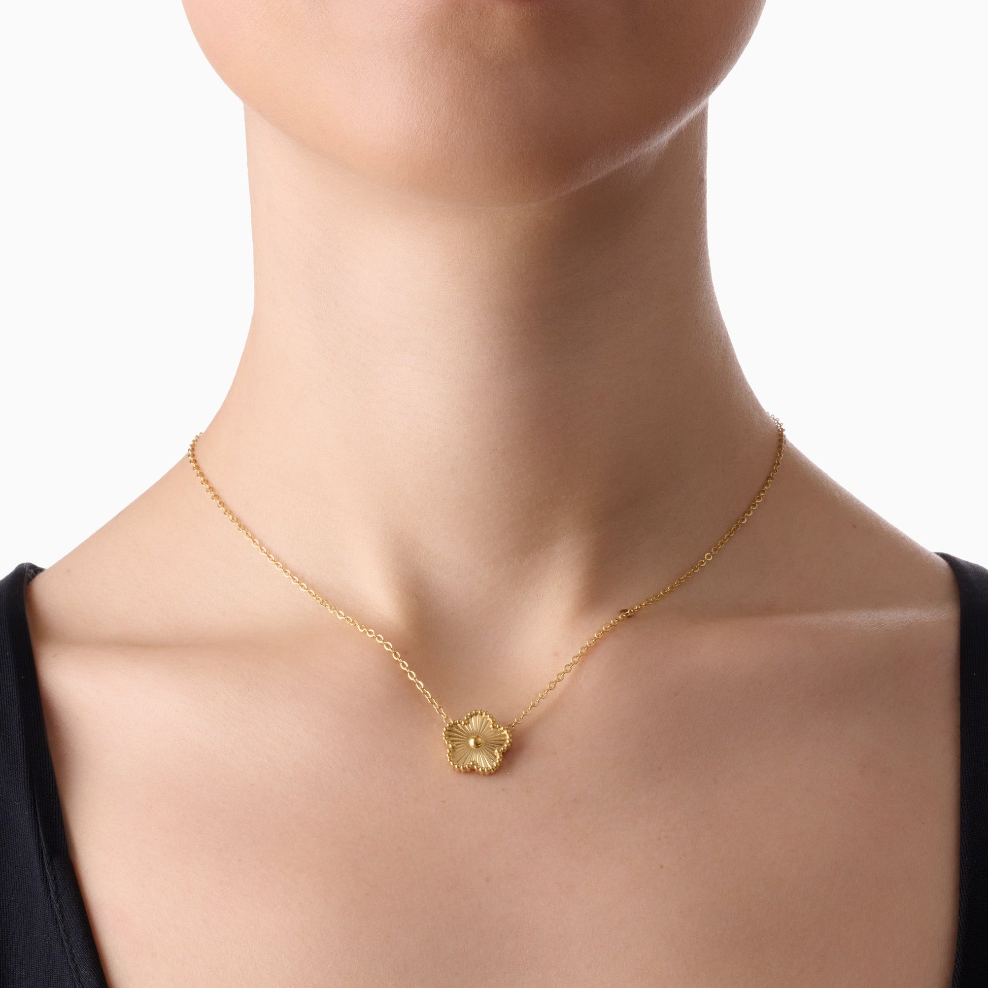 TEXTURED CLOVER NECKLACE best gold plated tarnish and water resistant piece by Irish Jewellery brand - Lynott Jewellery