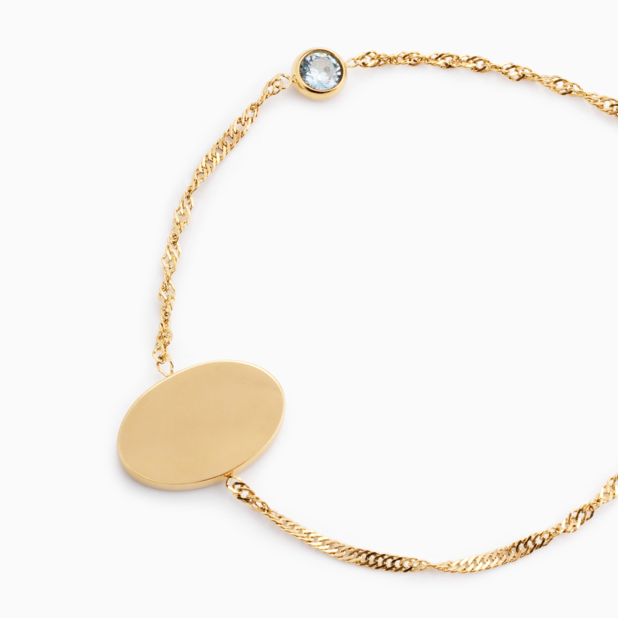 PROMISE ME ENGRAVABLE OVAL DISC & BIRTHSTONE BRACELET best gold plated tarnish and water resistant piece by Irish Jewellery brand - Lynott Jewellery