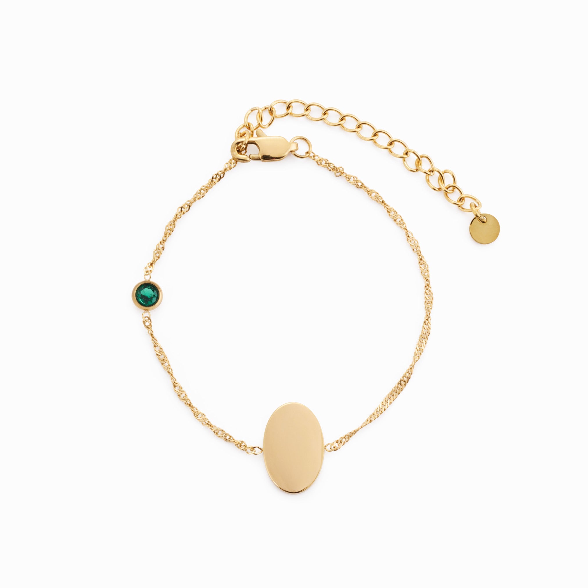 PROMISE ME ENGRAVABLE OVAL DISC & BIRTHSTONE BRACELET best gold plated tarnish and water resistant piece by Irish Jewellery brand - Lynott Jewellery