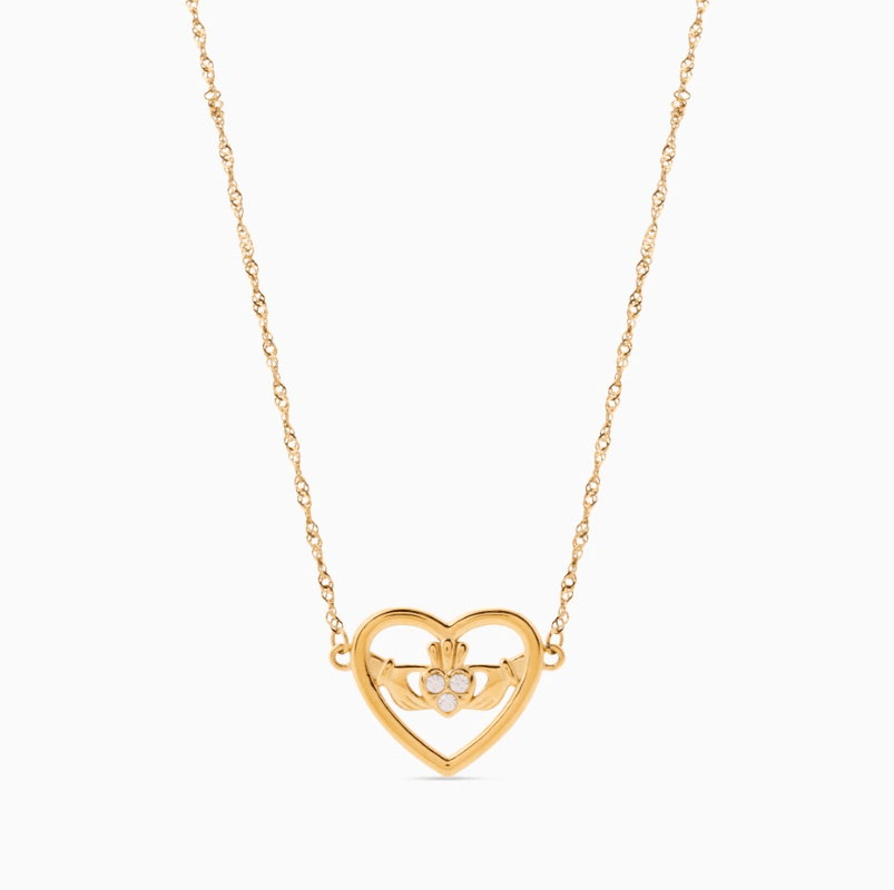 MEGAN FORTE CLARKE LOUD MOUTH CLADDAGH NECKLACE best gold plated tarnish and water resistant piece by Irish Jewellery brand - Lynott Jewellery