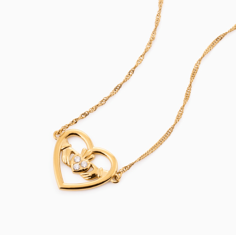 MEGAN FORTE CLARKE LOUD MOUTH CLADDAGH NECKLACE best gold plated tarnish and water resistant piece by Irish Jewellery brand - Lynott Jewellery