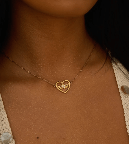 MEGAN FORTE CLARKE LOUD MOUTH CLADDAGH NECKLACE best gold plated tarnish and water resistant piece by Irish Jewellery brand - Lynott Jewellery