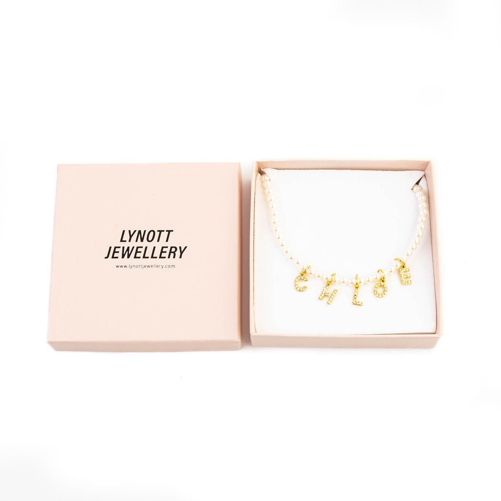PEARL NAME NECKLACE best gold plated tarnish and water resistant piece by Irish Jewellery brand - Lynott Jewellery