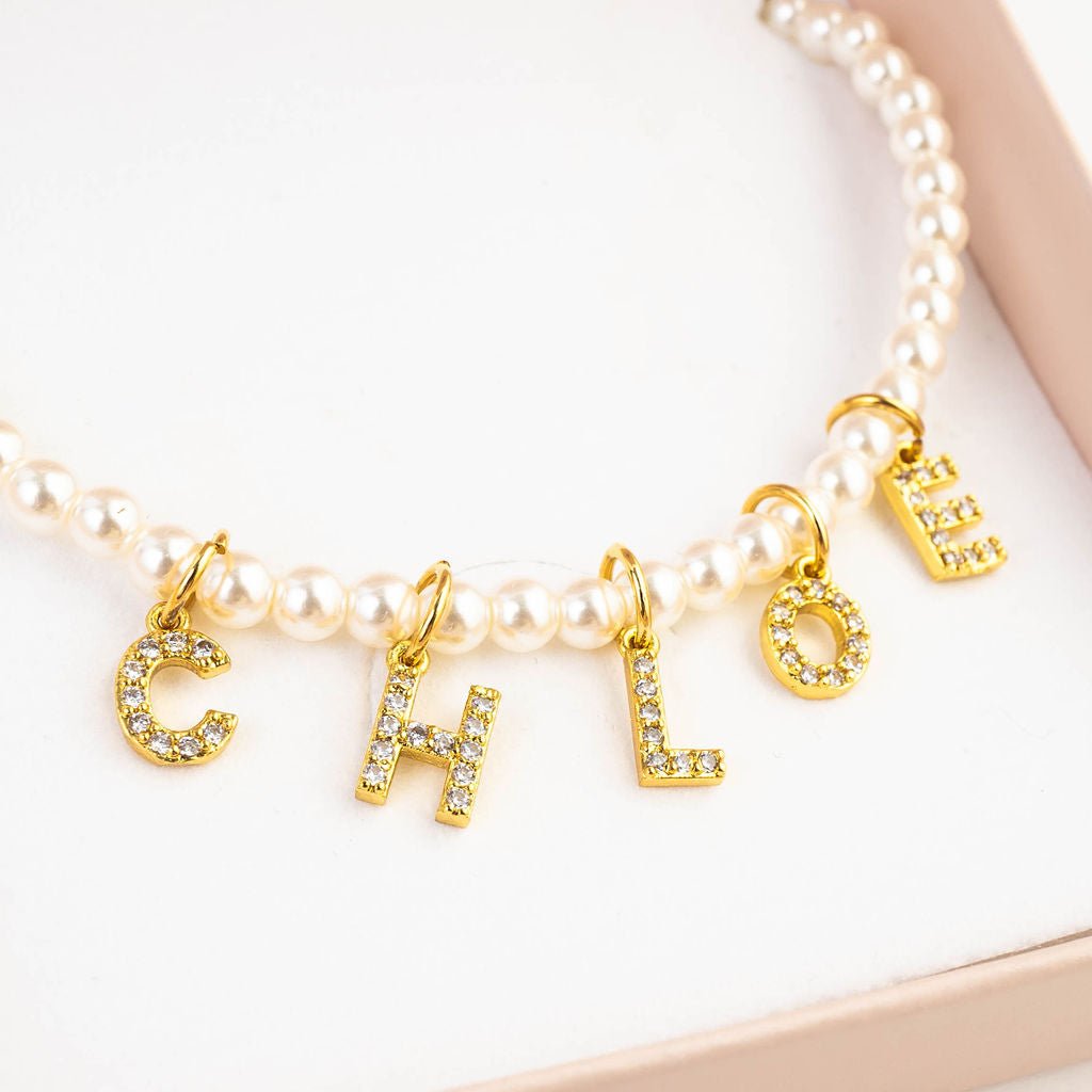 PEARL NAME NECKLACE best gold plated tarnish and water resistant piece by Irish Jewellery brand - Lynott Jewellery