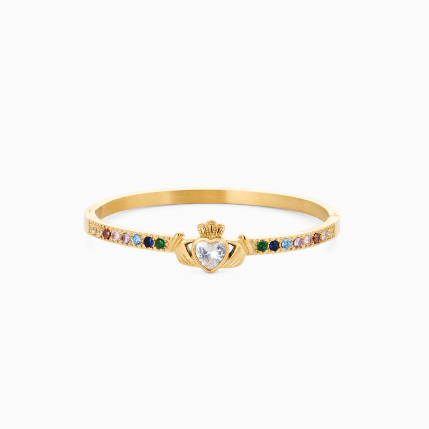 MEGAN FORTE CLARKE SIDE EYE CLADDAGH BANGLE best gold plated tarnish and water resistant piece by Irish Jewellery brand - Lynott Jewellery