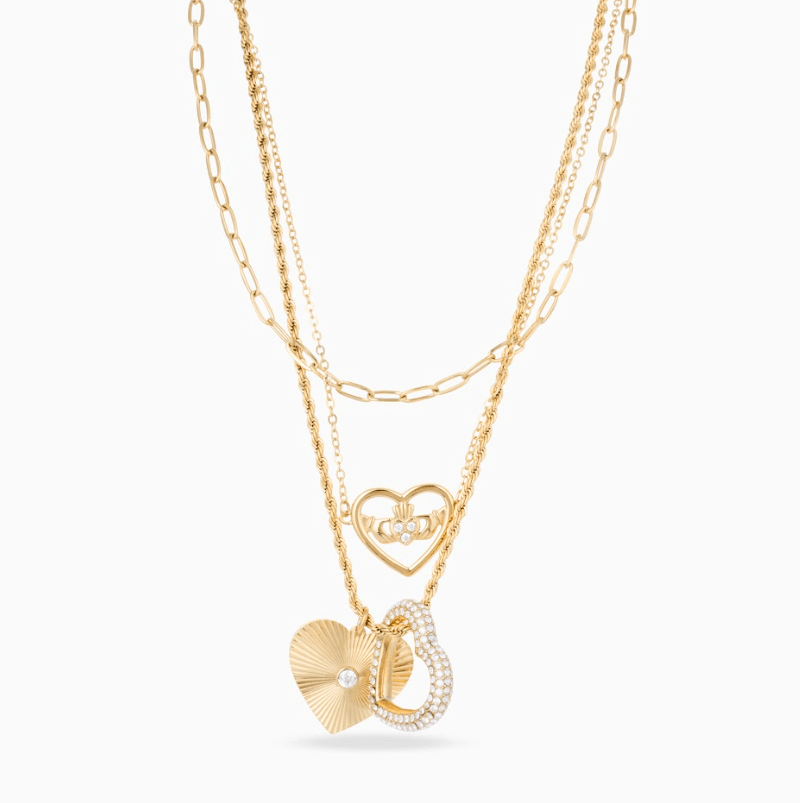 MEGAN FORTE CLARKE DIVA LAYERED CLADDAGH NECKLACE best gold plated tarnish and water resistant piece by Irish Jewellery brand - Lynott Jewellery