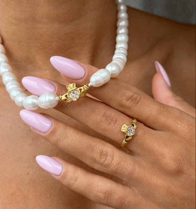 HEART CROWN PEARL CLADDAGH NECKLACE best gold plated tarnish and water resistant piece by Irish Jewellery brand - Lynott Jewellery