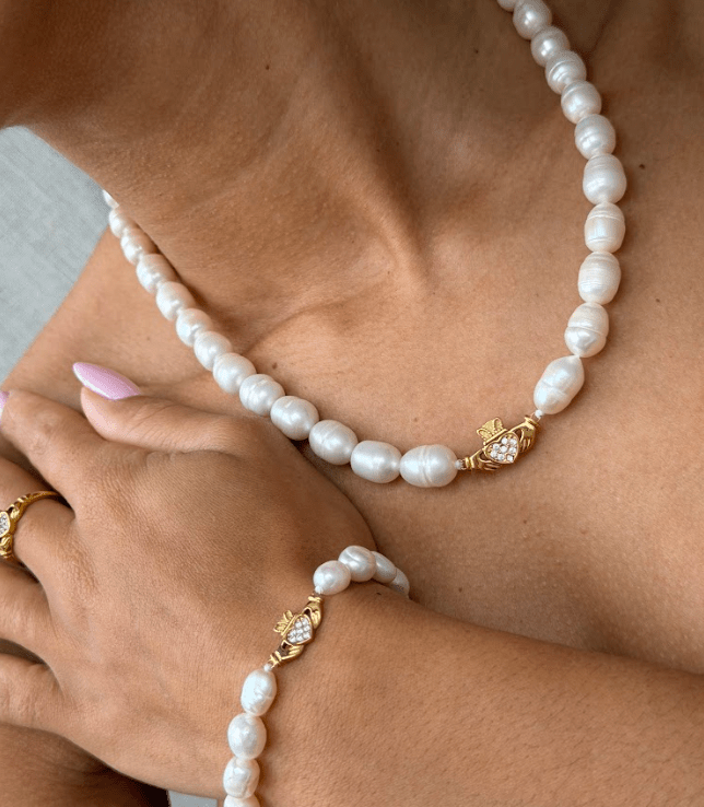 HEART CROWN PEARL CLADDAGH BRACELET best gold plated tarnish and water resistant piece by Irish Jewellery brand - Lynott Jewellery