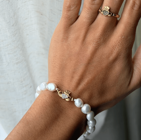 HEART CROWN PEARL CLADDAGH BRACELET best gold plated tarnish and water resistant piece by Irish Jewellery brand - Lynott Jewellery
