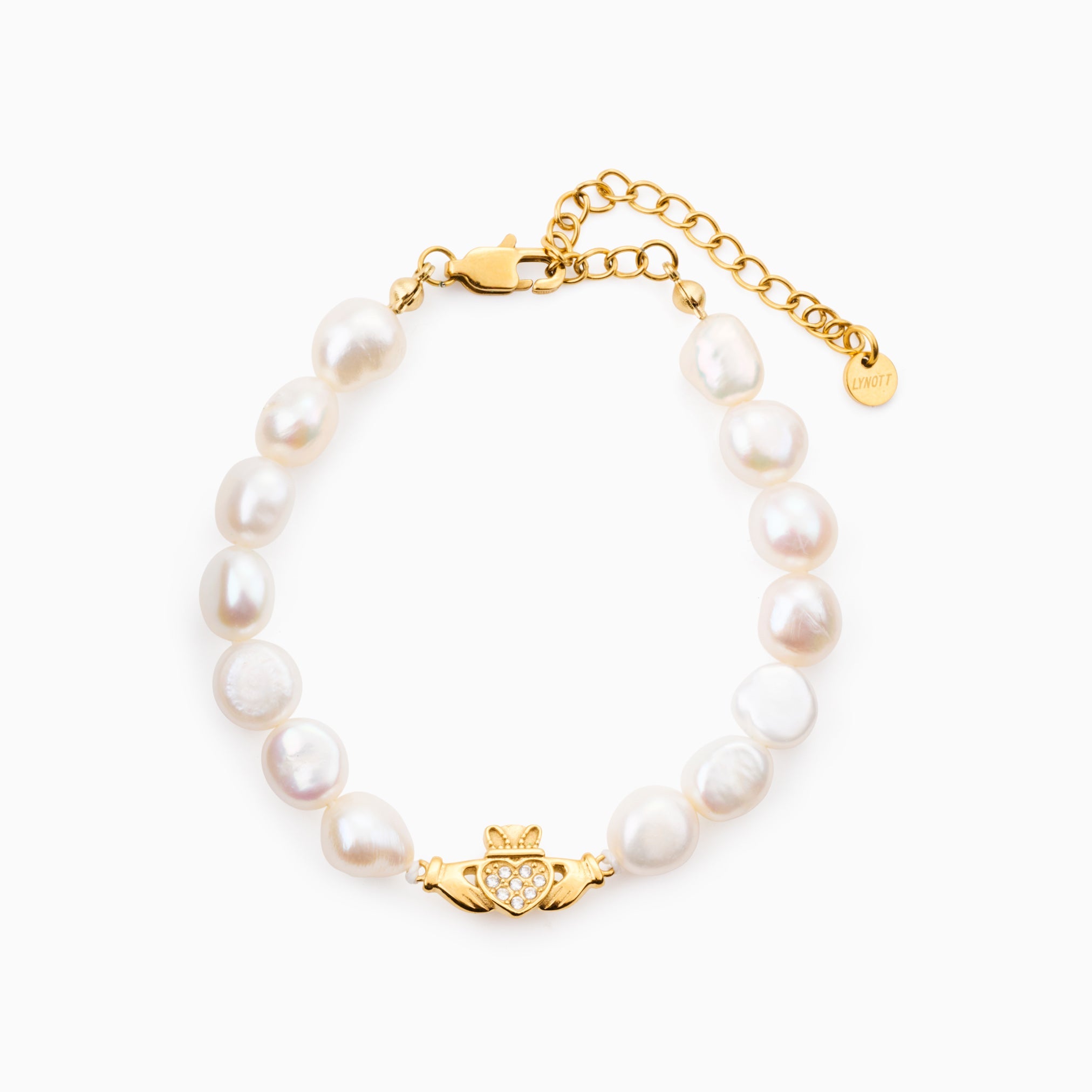 HEART CROWN PEARL CLADDAGH BRACELET best gold plated tarnish and water resistant piece by Irish Jewellery brand - Lynott Jewellery