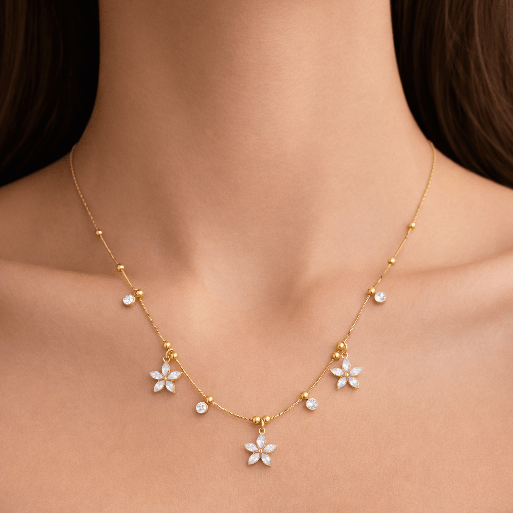 FLOWER AND DOT NECKLACE best gold plated tarnish and water resistant piece by Irish Jewellery brand - Lynott Jewellery
