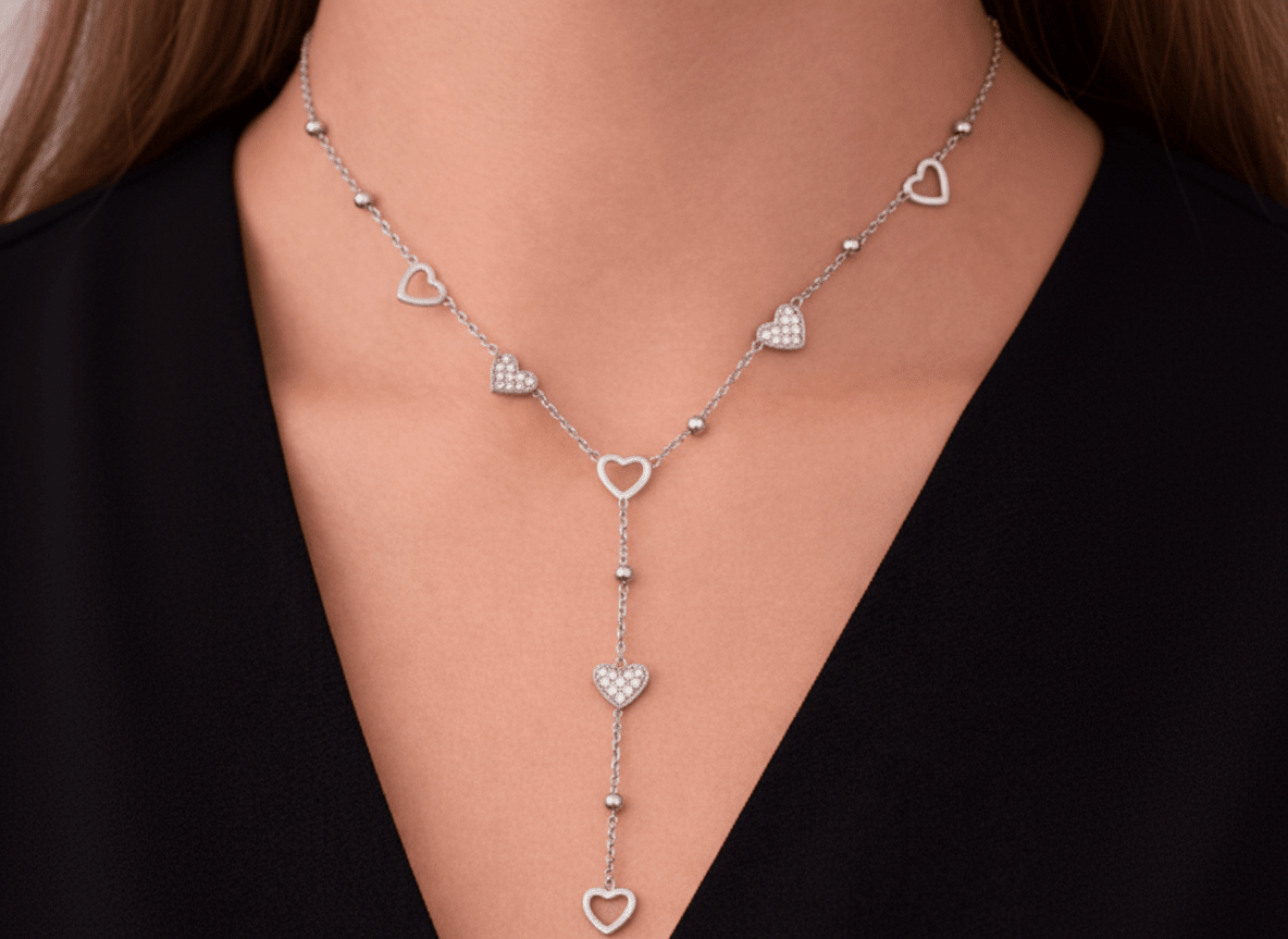DROP DOWN GLIMMER HEARTS NECKLACE best gold plated tarnish and water resistant piece by Irish Jewellery brand - Lynott Jewellery