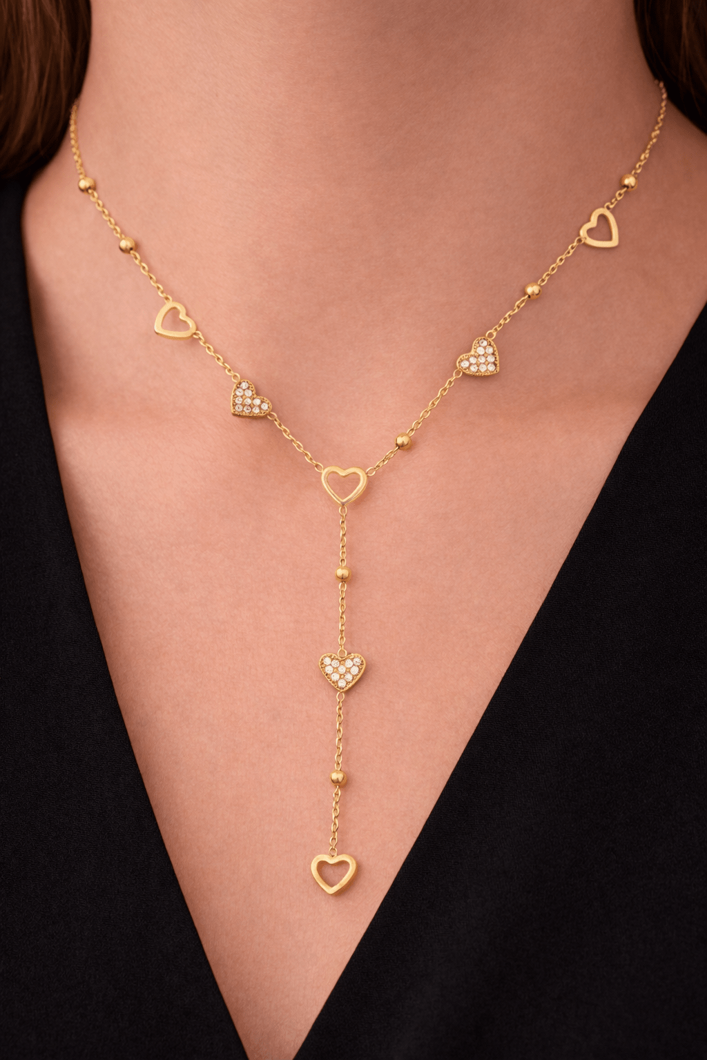 DROP DOWN GLIMMER HEARTS NECKLACE best gold plated tarnish and water resistant piece by Irish Jewellery brand - Lynott Jewellery