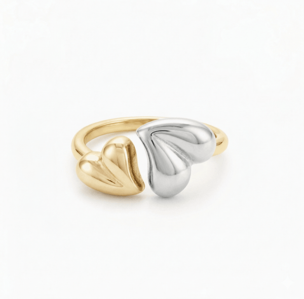 MIX METAL TWO HEART ADJUSTABLE RING best gold plated tarnish and water resistant piece by Irish Jewellery brand - Lynott Jewellery