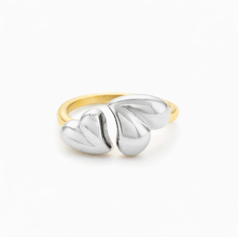 MIX METAL TWO HEART ADJUSTABLE RING best gold plated tarnish and water resistant piece by Irish Jewellery brand - Lynott Jewellery