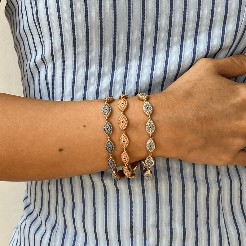 SANTORINI DARK BLUE EVIL EYE BRACELET best gold plated tarnish and water resistant piece by Irish Jewellery brand - Lynott Jewellery