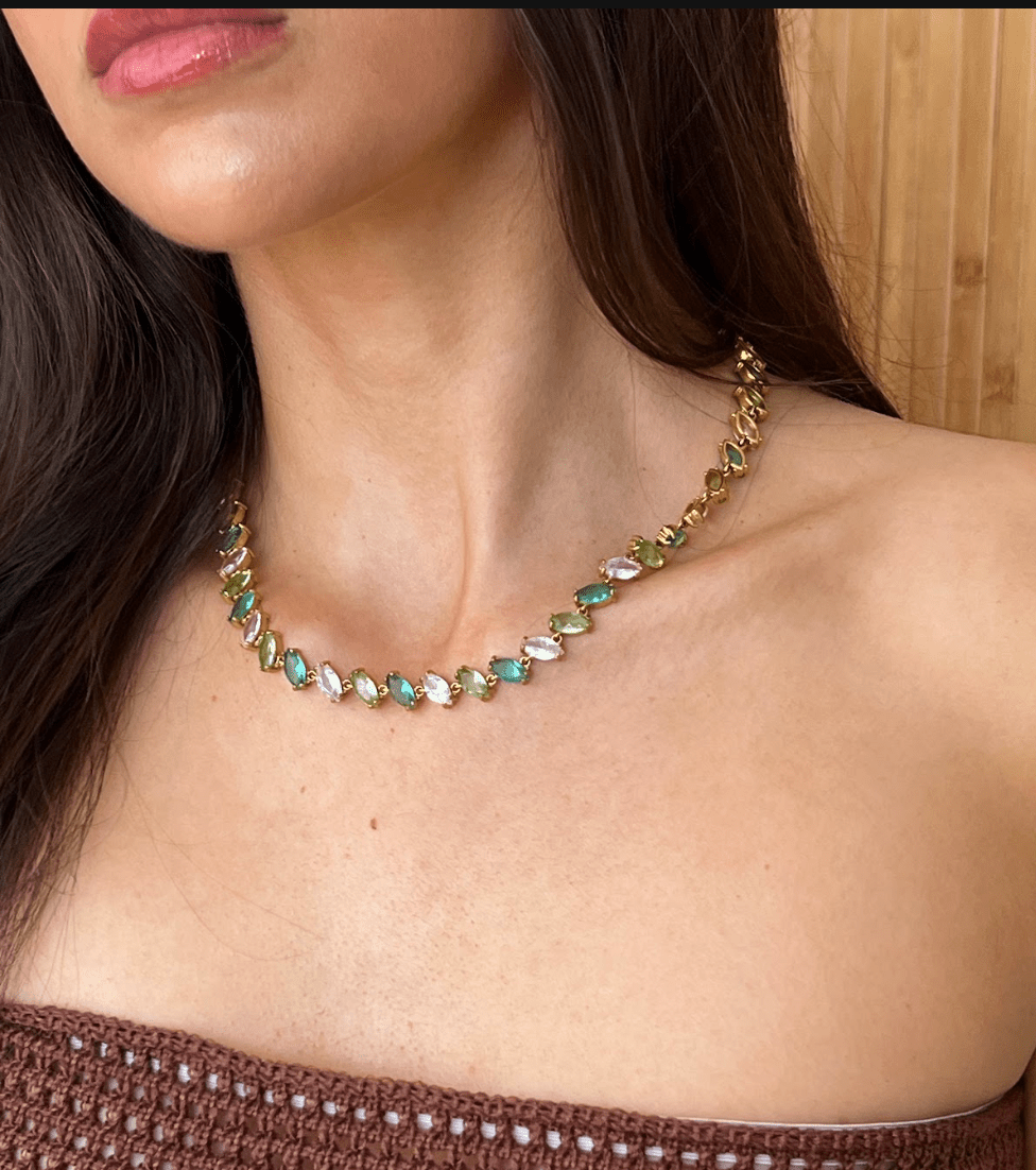 BALI GREEN GEM NECKLACE best gold plated tarnish and water resistant piece by Irish Jewellery brand - Lynott Jewellery