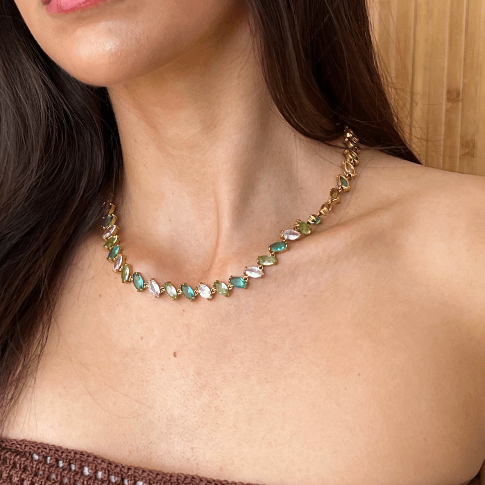 BALI GREEN GEM NECKLACE best gold plated tarnish and water resistant piece by Irish Jewellery brand - Lynott Jewellery