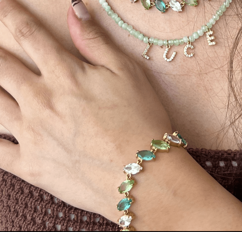 BALI GREEN GEM BRACELET best gold plated tarnish and water resistant piece by Irish Jewellery brand - Lynott Jewellery
