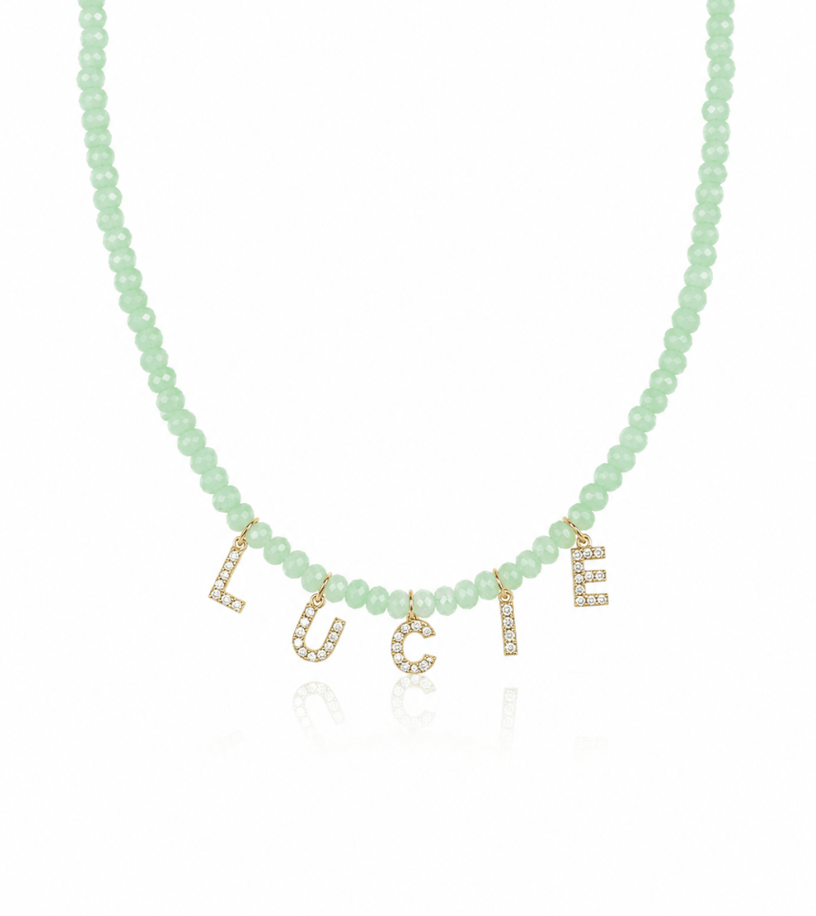 PERSONALISED COLOUR NAME NECKLACE best gold plated tarnish and water resistant piece by Irish Jewellery brand - Lynott Jewellery