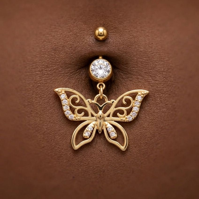BUTTERFLY KISS BELLY BUTTON PIERCING best gold plated tarnish and water resistant piece by Irish Jewellery brand - Lynott Jewellery