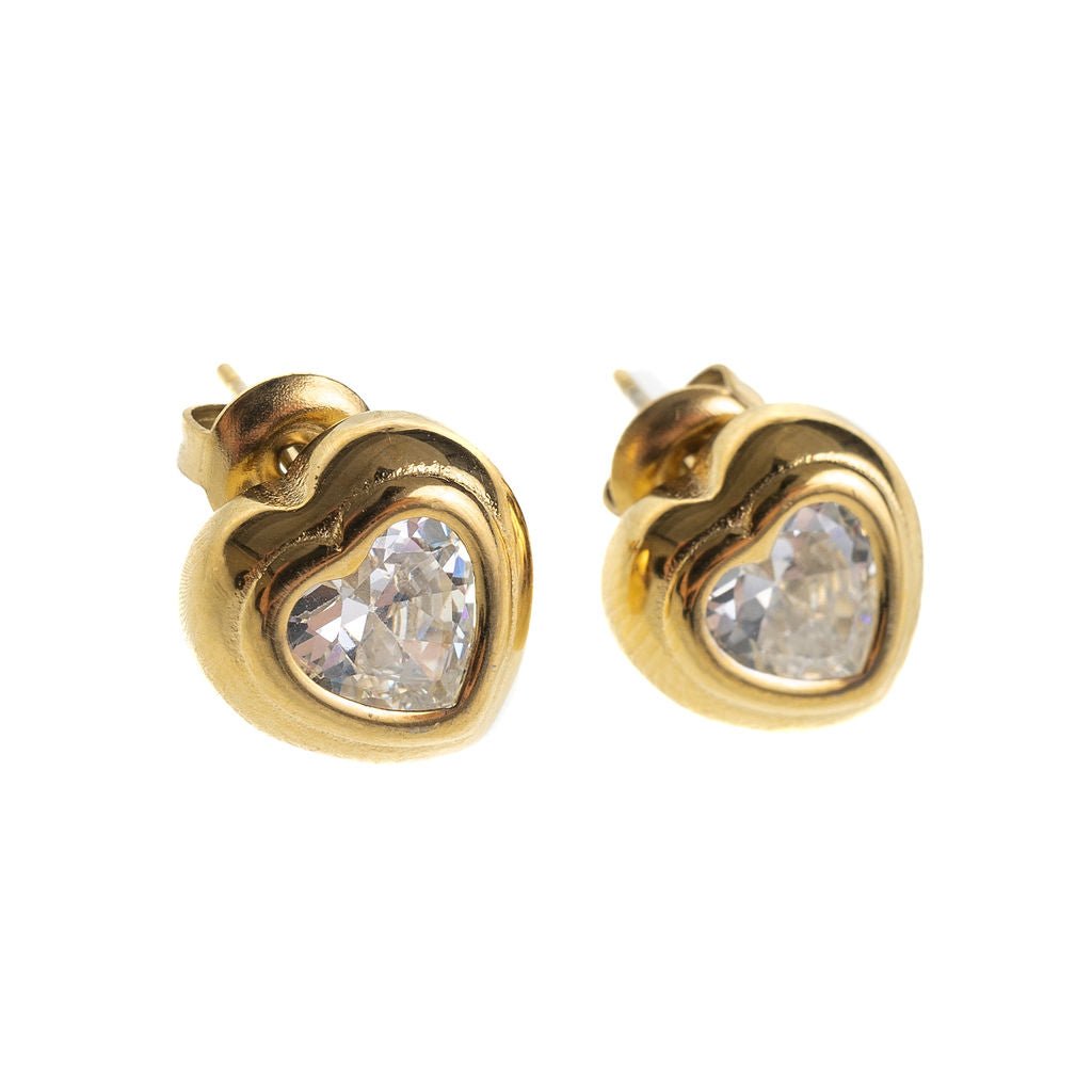 BEZEL HEART STUDS best gold plated tarnish and water resistant piece by Irish Jewellery brand - Lynott Jewellery