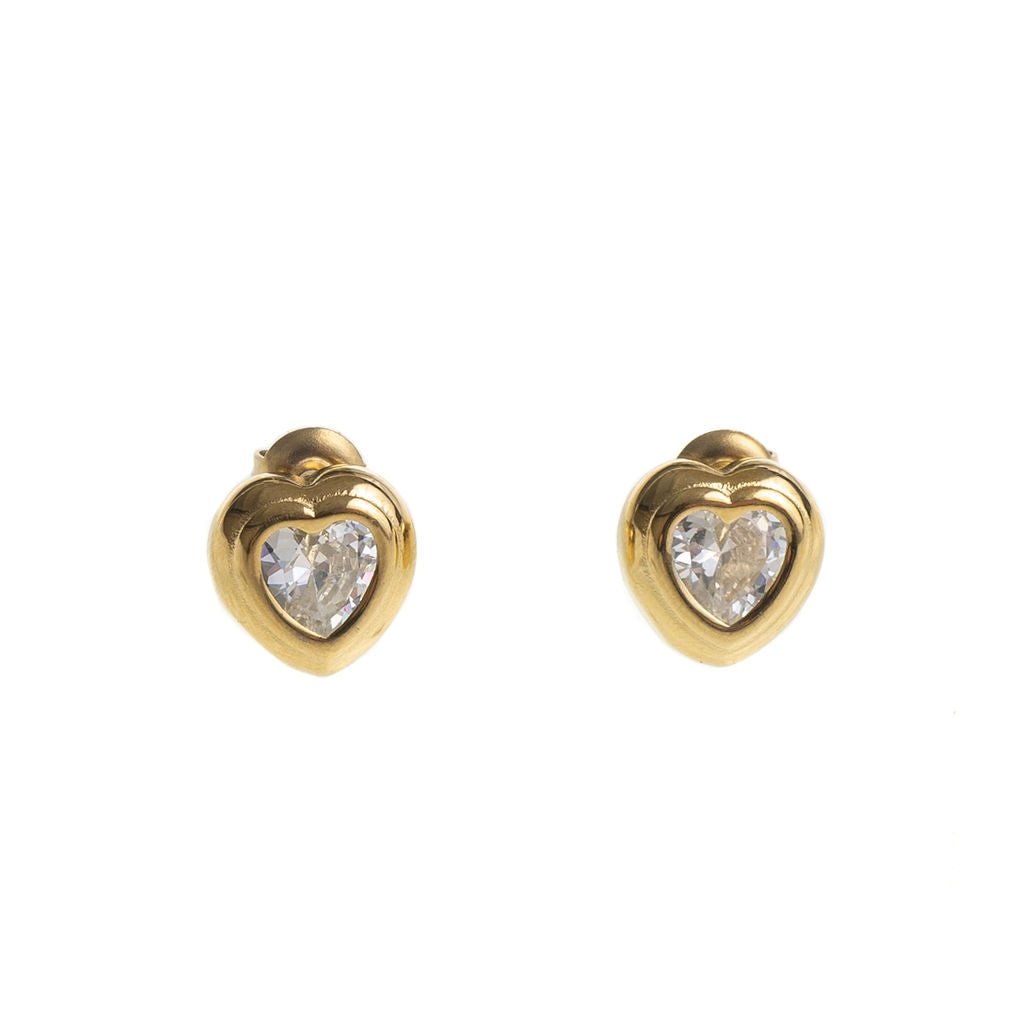 BEZEL HEART STUDS best gold plated tarnish and water resistant piece by Irish Jewellery brand - Lynott Jewellery