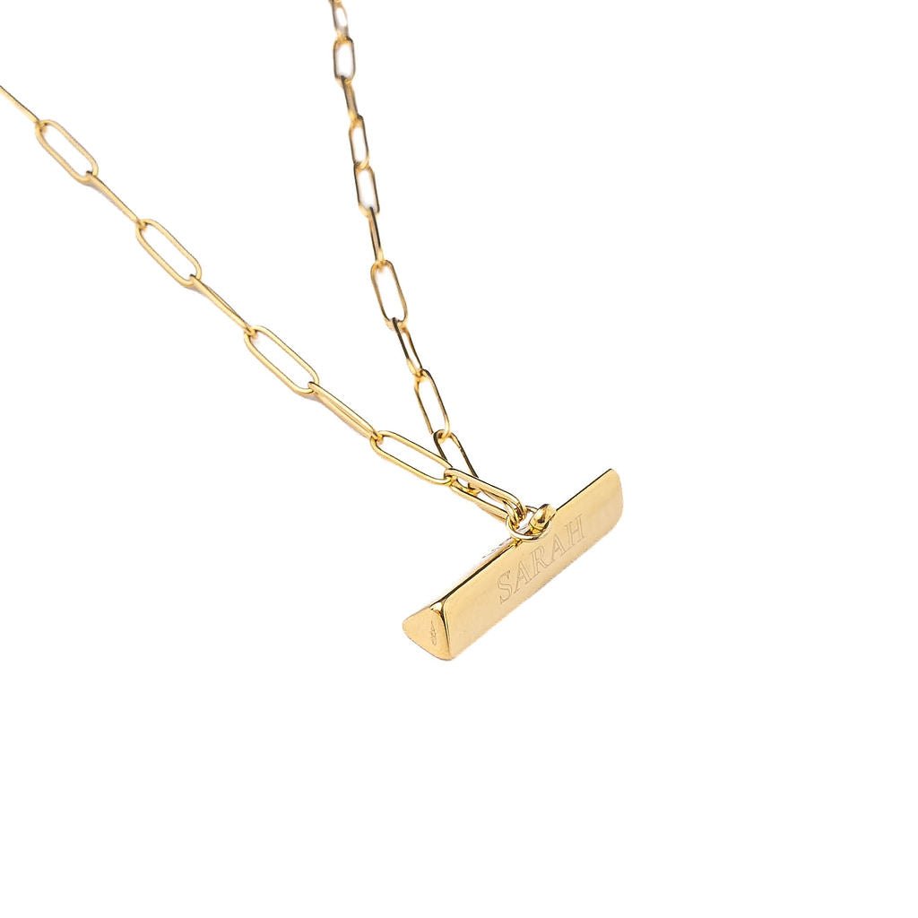 ENGRAVABLE T BAR NECKLACE best gold plated tarnish and water resistant piece by Irish Jewellery brand - Lynott Jewellery