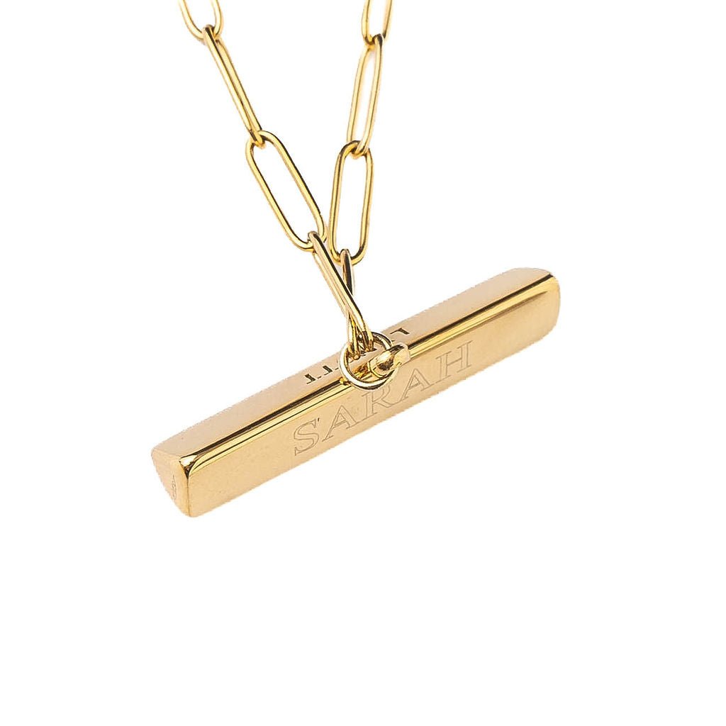 ENGRAVABLE T BAR NECKLACE best gold plated tarnish and water resistant piece by Irish Jewellery brand - Lynott Jewellery
