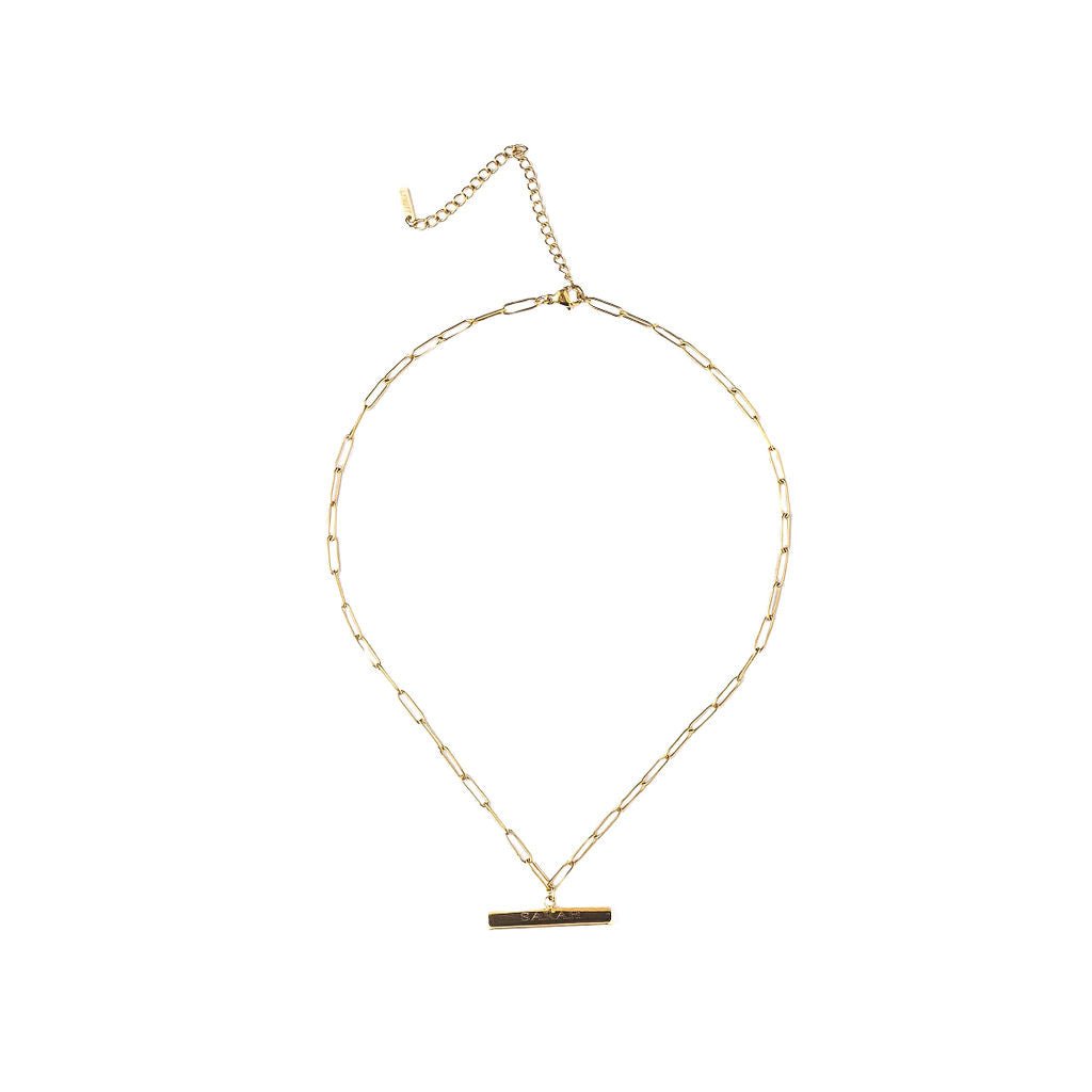 ENGRAVABLE T BAR NECKLACE best gold plated tarnish and water resistant piece by Irish Jewellery brand - Lynott Jewellery