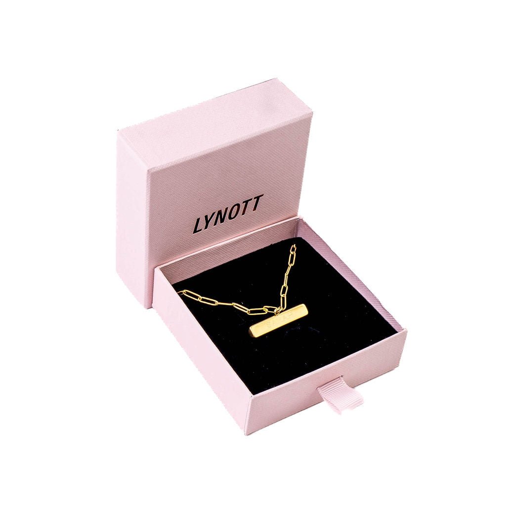 ENGRAVABLE T BAR NECKLACE best gold plated tarnish and water resistant piece by Irish Jewellery brand - Lynott Jewellery