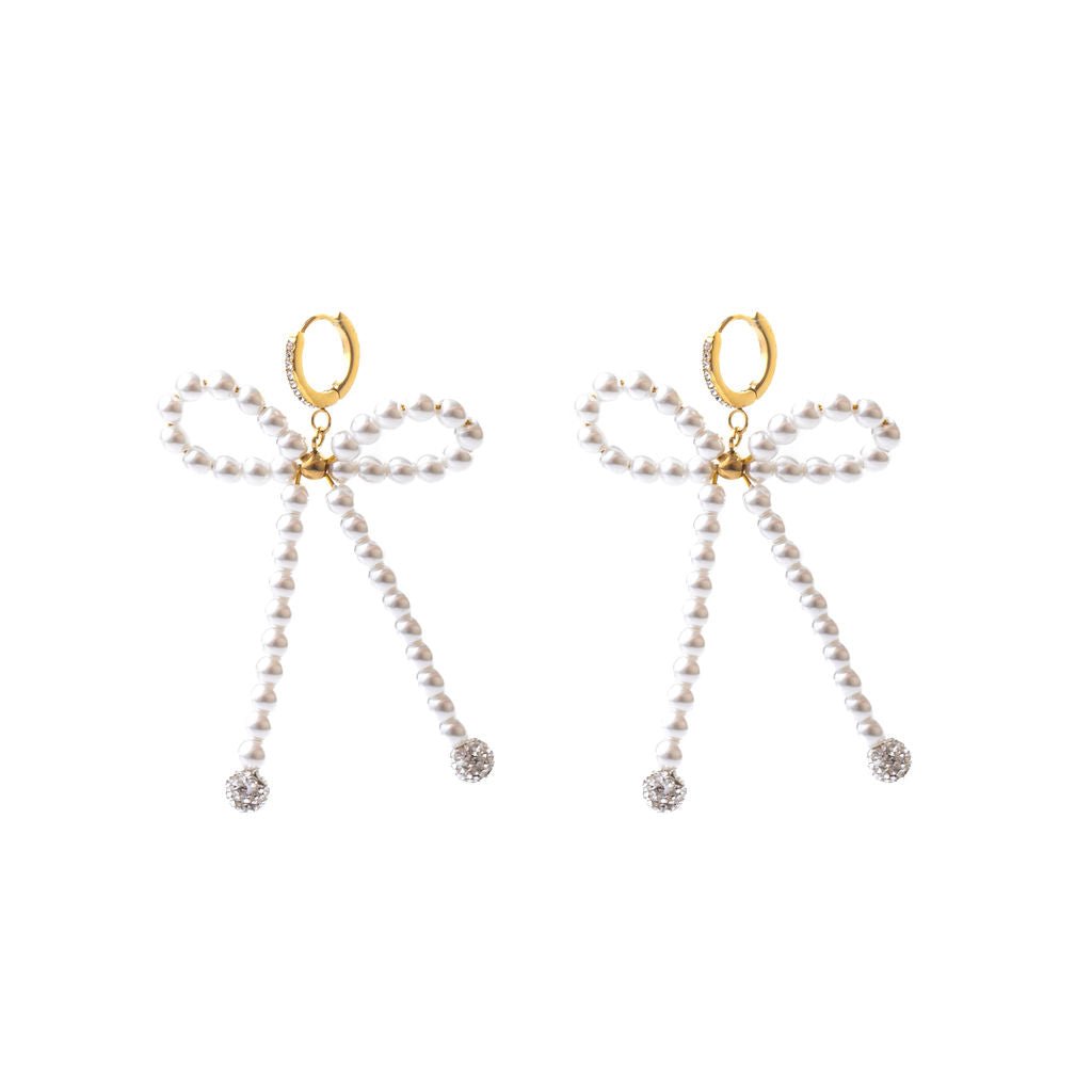 PEARL BOW EARRINGS best gold plated tarnish and water resistant piece by Irish Jewellery brand - Lynott Jewellery