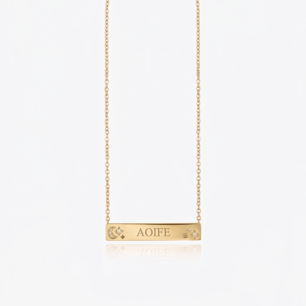 MOON & STARS ENGRAVABLE PLATE NECKLACE best gold plated tarnish and water resistant piece by Irish Jewellery brand - Lynott Jewellery
