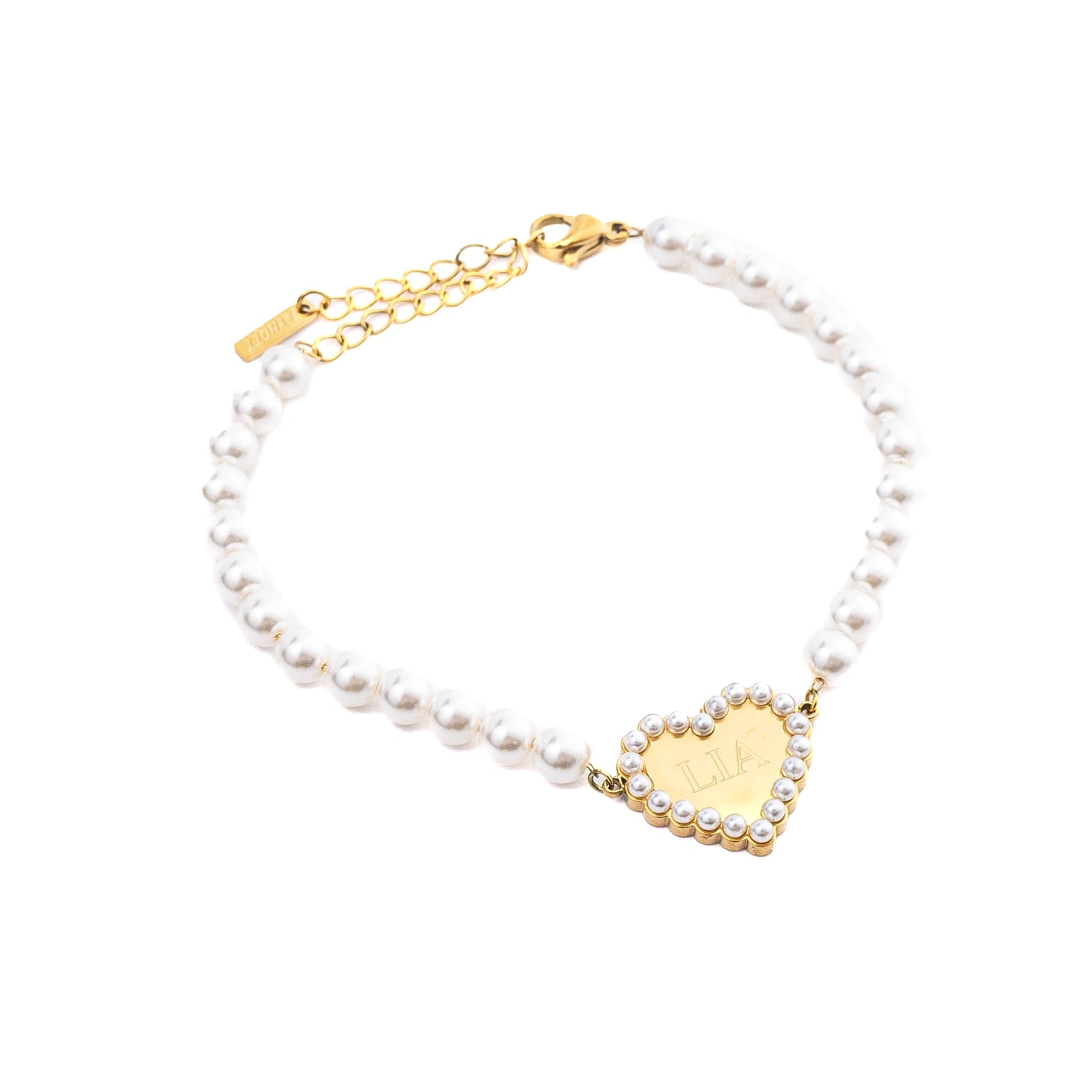 PEARL ENGRAVABLE HEART BRACELET best gold plated tarnish and water resistant piece by Irish Jewellery brand - Lynott Jewellery