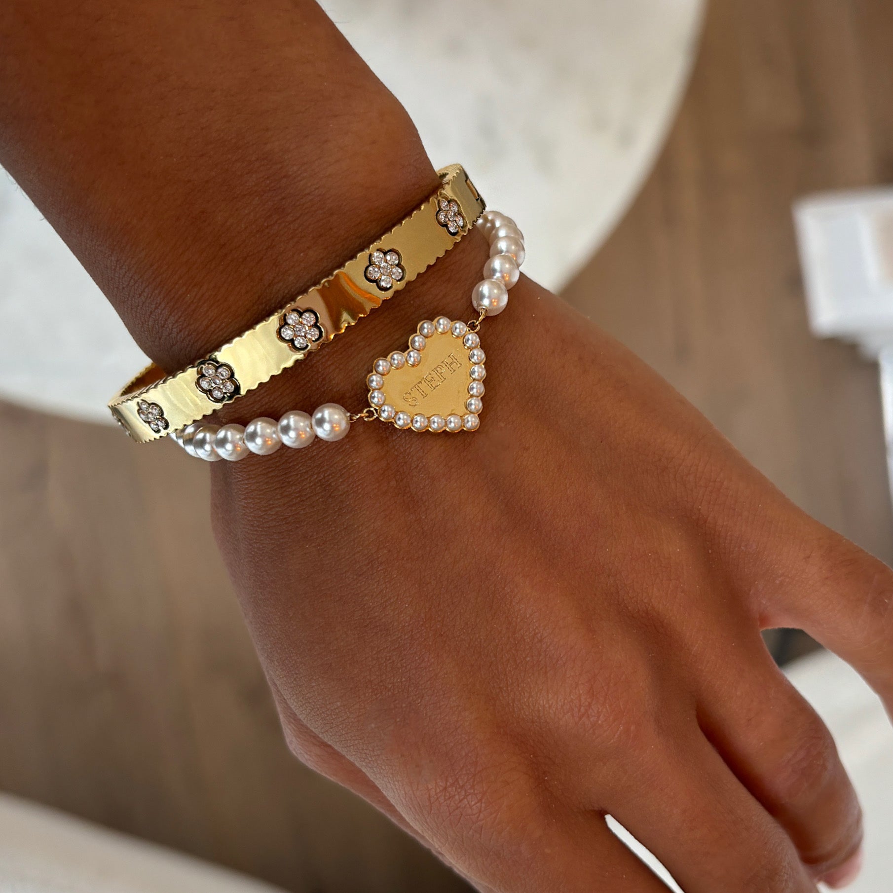 PEARL ENGRAVABLE HEART BRACELET best gold plated tarnish and water resistant piece by Irish Jewellery brand - Lynott Jewellery