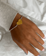 PEARL ENGRAVABLE HEART BRACELET best gold plated tarnish and water resistant piece by Irish Jewellery brand - Lynott Jewellery