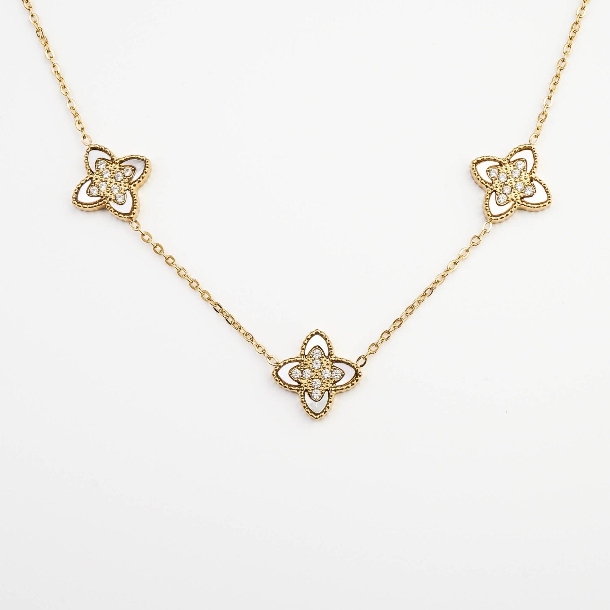 PASSIONATE CLOVER WHITE NECKLACE best gold plated tarnish and water resistant piece by - Lynott Jewellery