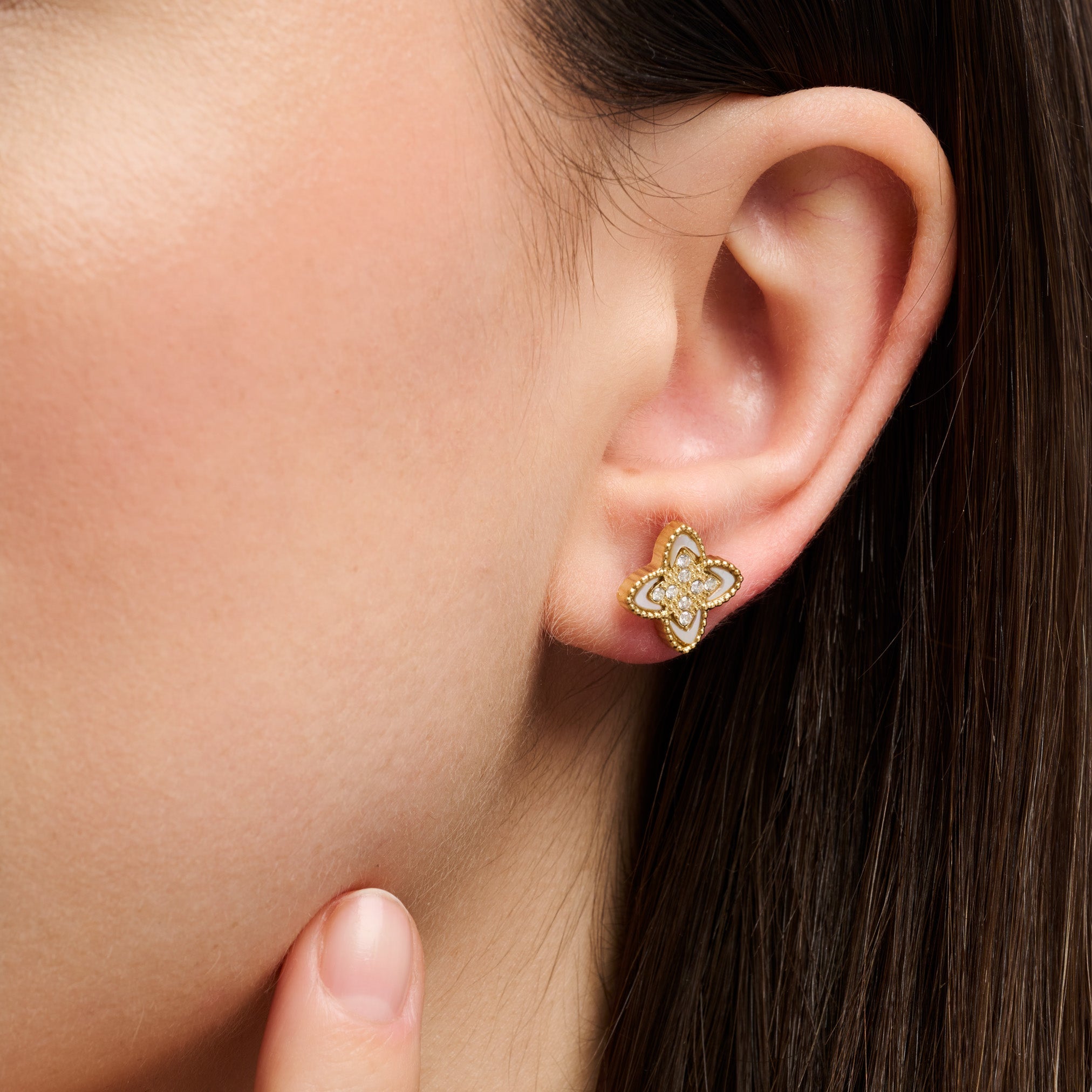 PASSIONATE CLOVER WHITE STUDS best gold plated tarnish and water resistant piece by - Lynott Jewellery