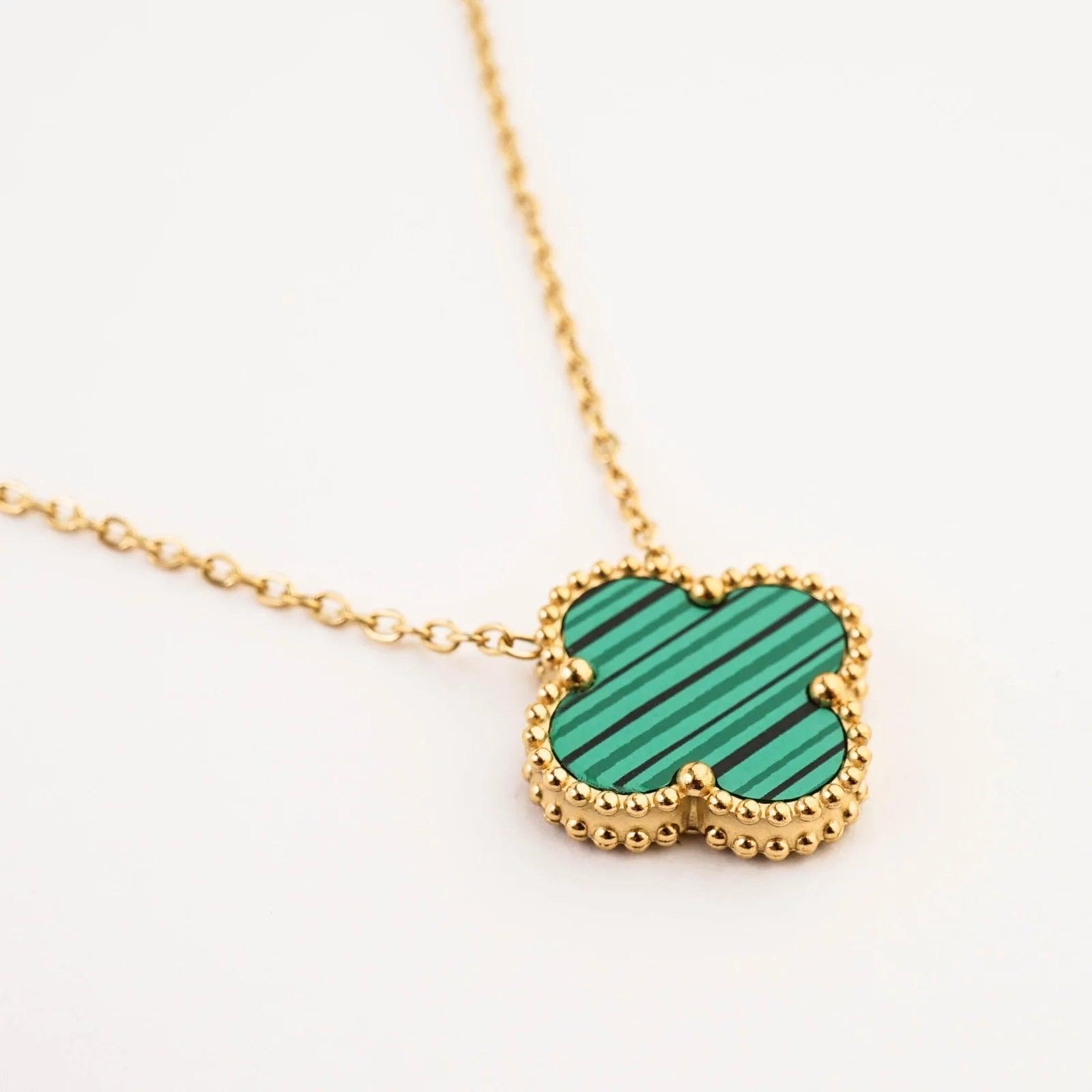 GREEN AND GOLD FOUR LEAF CLOVER NECKLACE - Lynott Jewellery