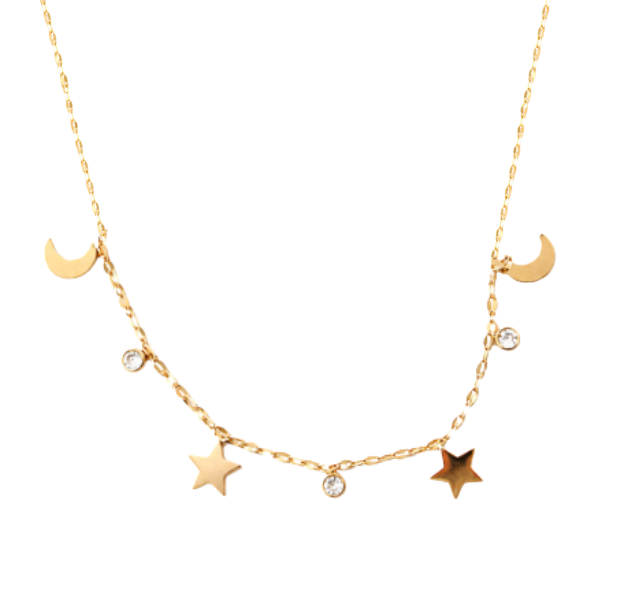 MOON, STAR & DIAMOND CHARM NECKLACE