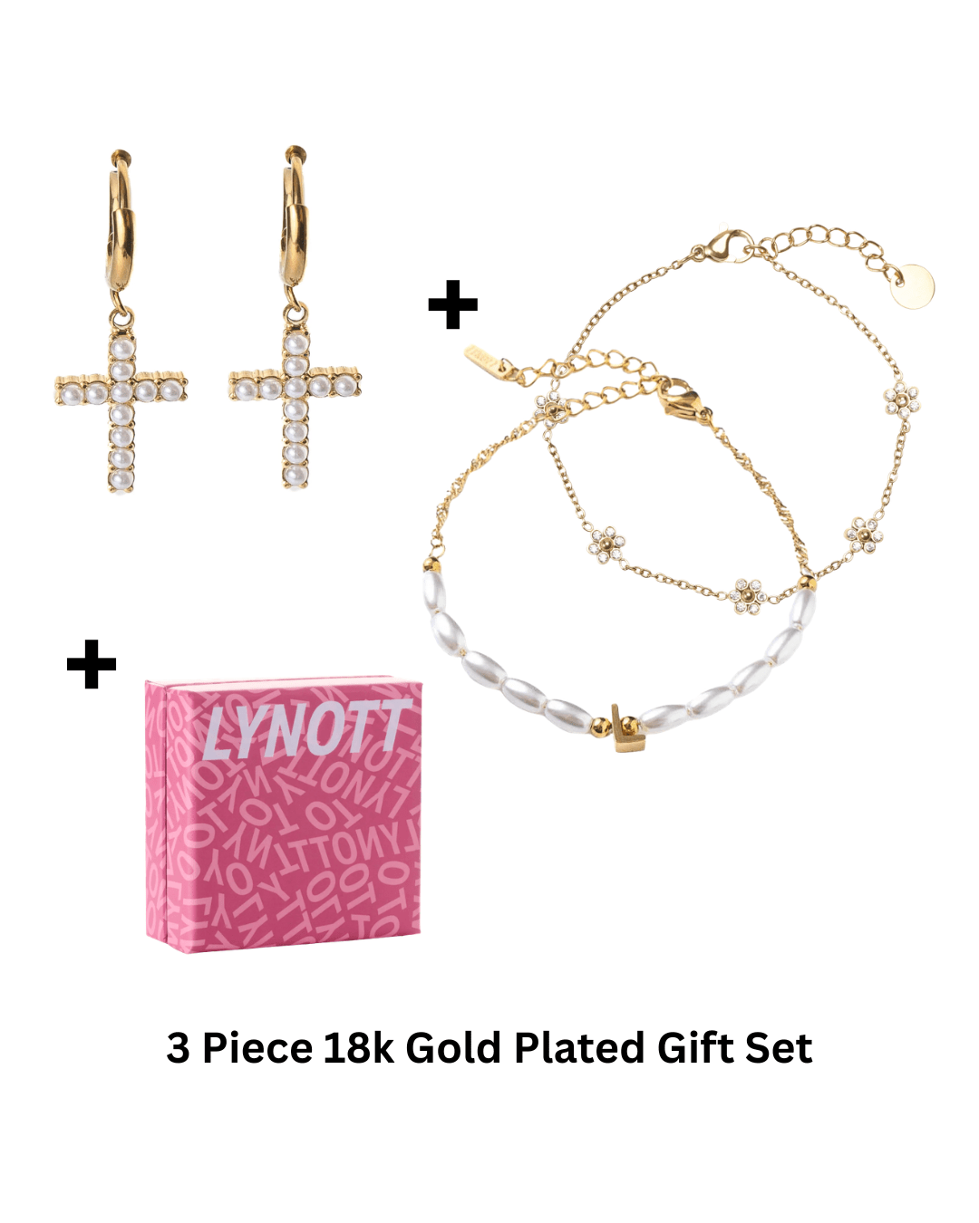 Pearl Cross Gift Set (Cross Earrings + Initial Bracelet + Cutie Bracelet + Gift Box) best gold plated tarnish and water resistant piece by Irish Jewellery brand - Lynott Jewellery
