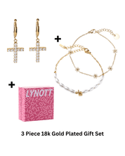 Pearl Cross Gift Set (Cross Earrings + Initial Bracelet + Cutie Bracelet + Gift Box) best gold plated tarnish and water resistant piece by Irish Jewellery brand - Lynott Jewellery